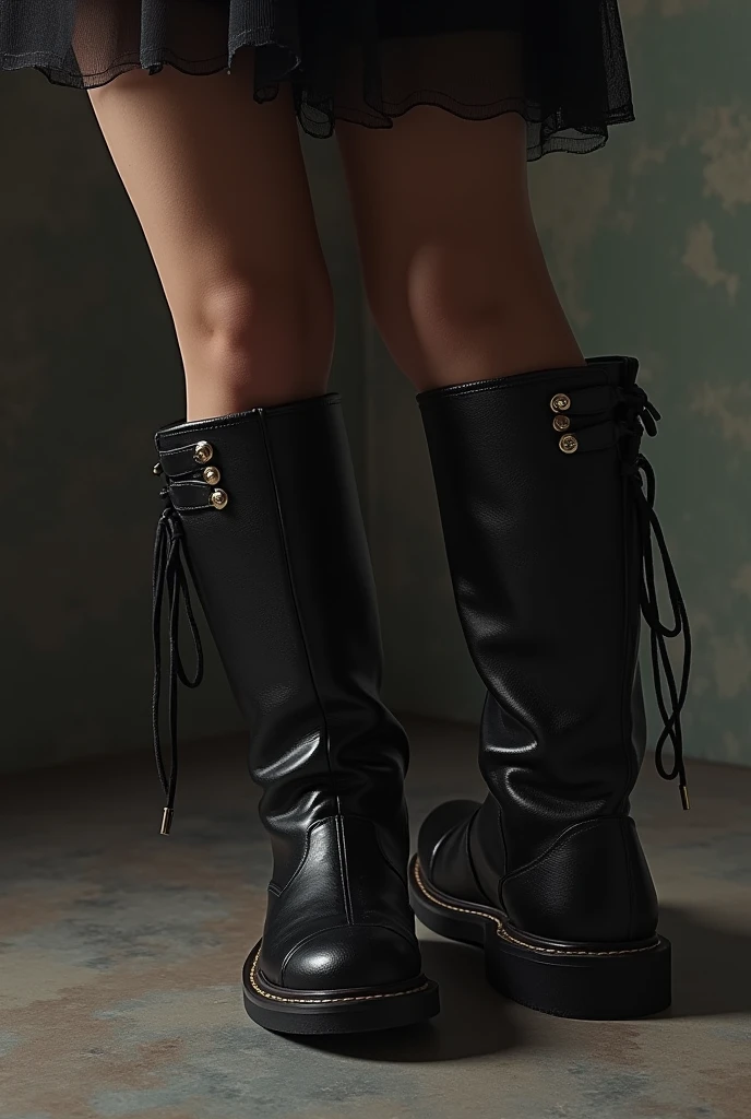 The husband put permanent latex boots and a permanent leather skirt on his wife; she tries to take them off, but it is impossible. latex boots with metal bracelets on the heels, locked with padlocks. locked leather skirt super realism beautiful girl innocent look latex boots with metal locks tightly attached to her legs long leather skirt with a lock. a beautiful girl with an innocent look is trying to take off her skirt and boots, super realism, full-length steel bracelets on the boots, Hills. locked skirt