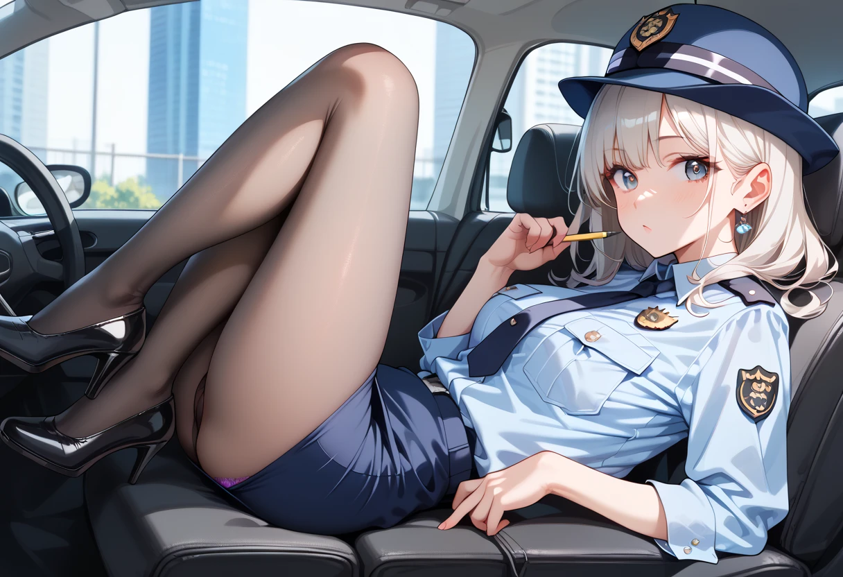 (masterpiece, best quality, ultra detailed, high resolution, detailed facial description), (1 female:1.3), (tsurime:1.2, sharp eyes:1.2), (policewoman, police uniform, pencil skirt, black pantyhose), (show panties), (light makeup), looking at viewer, sitting in the driver's seat, (light blush:1.2), (Inside the police car), (female focus, from side)