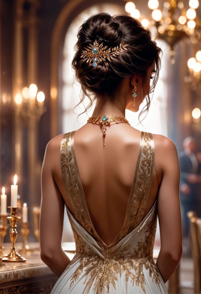 loneliness, affection, (masterpiece,best quality:1.5),ultra realistic,32k,RAW photo,(high detailed skin:1.2), 8k uhd, dslr, soft lighting, high quality, film grain,Selective focus , pretty lady, royal style, diamond  accessories, sexy, (sexy bare back ), Bronze buttoned shirt , ,(sexy),