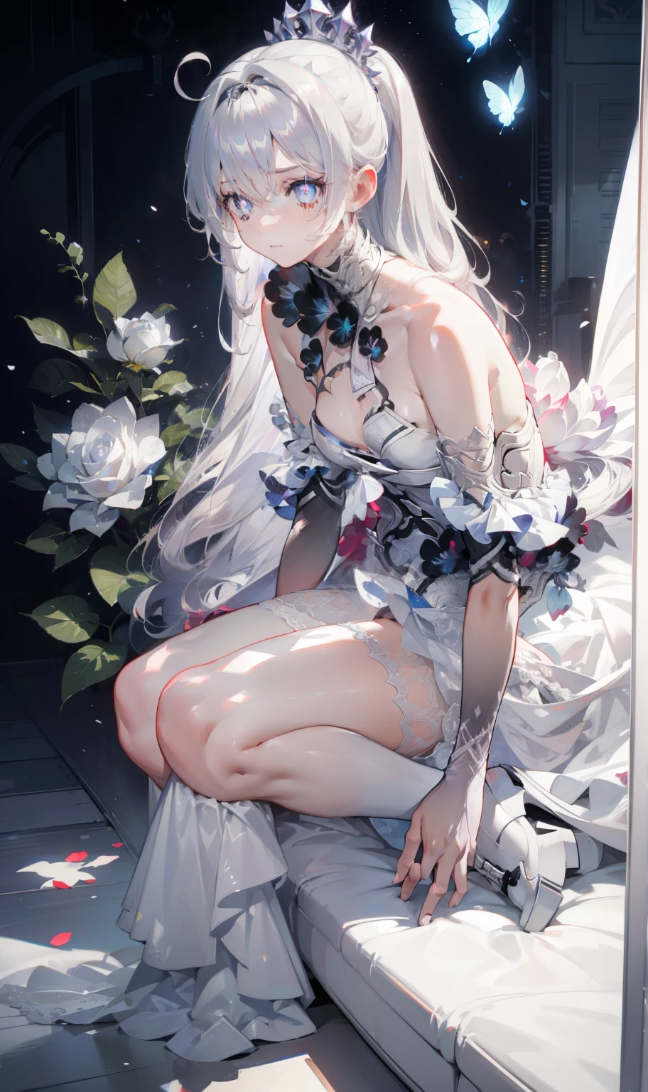Bare feet,(Pink strapless dress :1.5), silver Long hair, black _ hair band, X-shaped _ eyebrows, hair band, POE _ Hair, bangs, bare shoulders, full body shot, white stockings,(Peach Blossom Forest 1.5)
