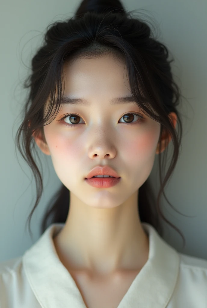 Round face, medium-sized eyes, natural eyebrows, small and simple nose, average-sized lips, light skin tone, long straight hair or lightly wavy hair, (8k, RAW photo, best quality, masterpiece:1.2), (realistic, photo-realistic:1.4), (extremely detailed 8k wallpaper), solo, a Japanese woman
