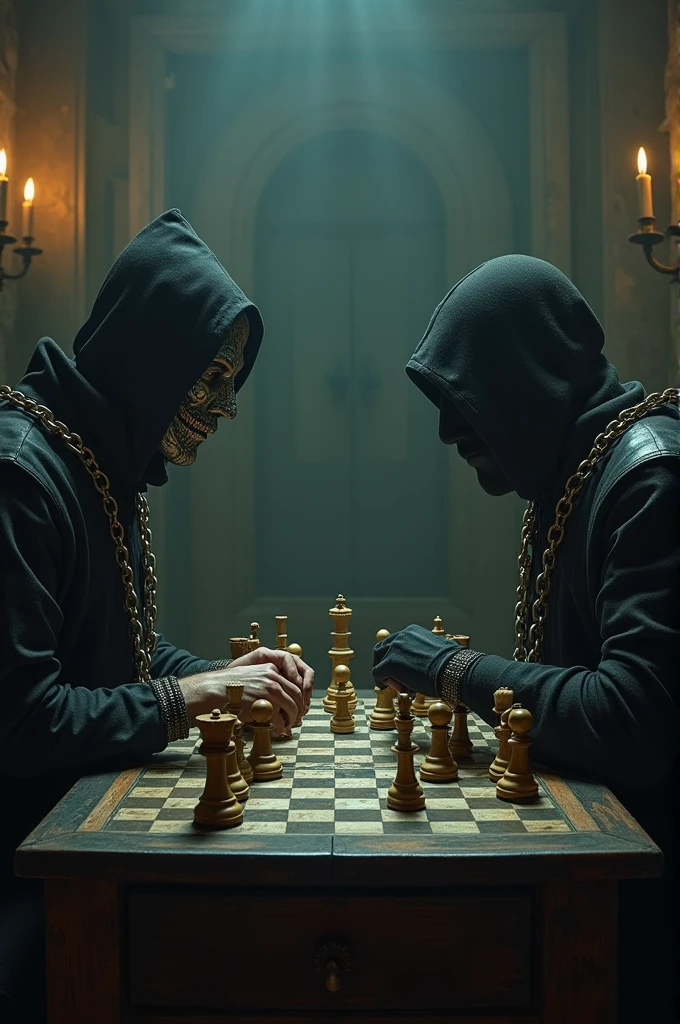angel plays chess with grim reaper, dark fantasy, gothic atmosphere, gloomy, grim reaper, chess tournament, dark cathedral background, realistic, detailed, angel versus grim reaper, 2 opponents, light versus dark