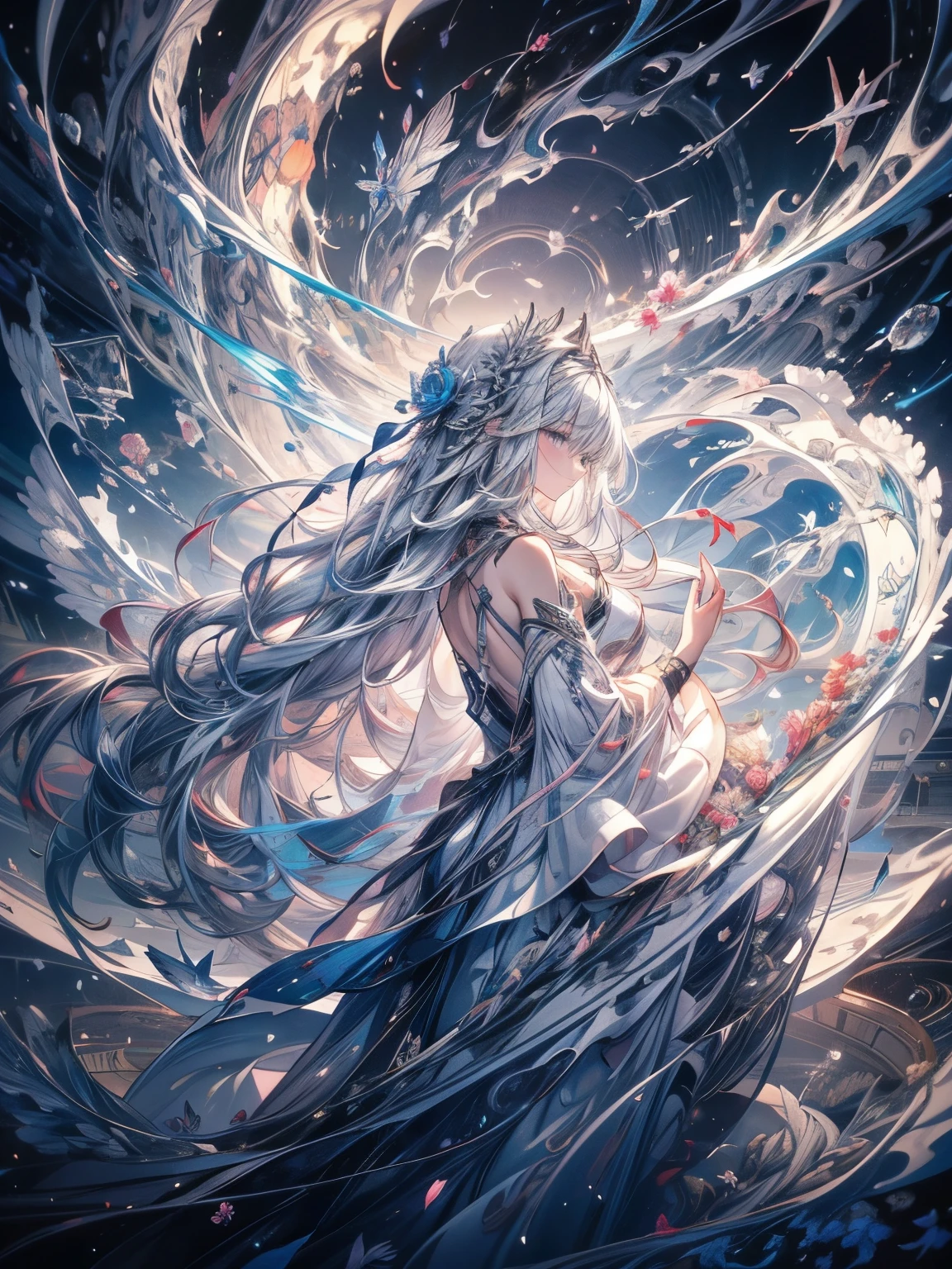 Break, waves,  1 girl, No.18,   Extremely long hair  ,  Silver Slit Dress, 
Flowers Bloom ,  galaxy,  Spiral Nebula , birds,   Like a Dream ,
 is the best quality, masterpiece,  ultra-high resolution , illustration, Deep Shadows, edge light, 