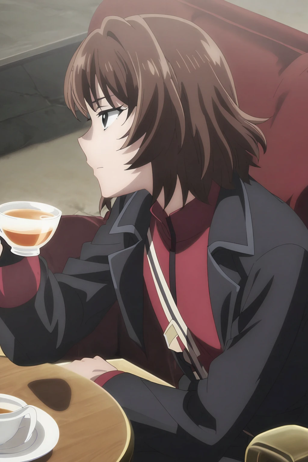 Anime style, anime screensnap
1boy,  brown hair,  medium length hair,  Sloppy hairstyle ,  Shoulder-length hair,  Black eyes ,  red shirt, black jacket, black trousers, black shoulder coat. Sits on the couch. tea in a transparent cup, table, red sofa
Top view