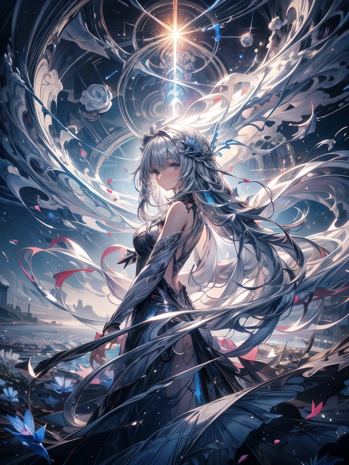 Break, waves,  1 girl, No.18,   Extremely long hair  ,  Silver Slit Dress, 
Flowers Bloom ,  galaxy,  Spiral Nebula , birds,   Like a Dream ,
 is the best quality, masterpiece,  ultra-high resolution , illustration, Deep Shadows, edge light, 