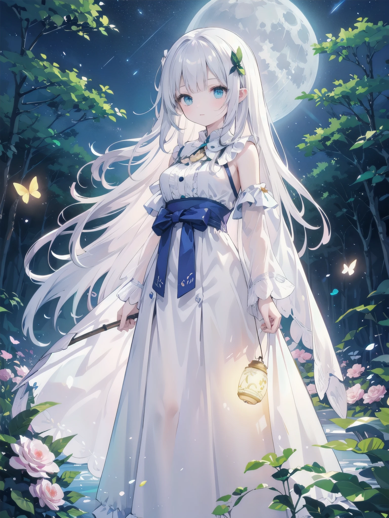 Ultra-high-resolution, magical atmosphere, vibrant colors, dynamic lighting. BREAK Girl with long silver hair, emerald eyes, in gown of leaves and flowers. Standing on giant tree branch over mystical forest with floating lanterns, glowing butterflies. Fantastical night sky with stars, large moon. Wide-angle shot, soft luminescent lighting, dreamy effects
