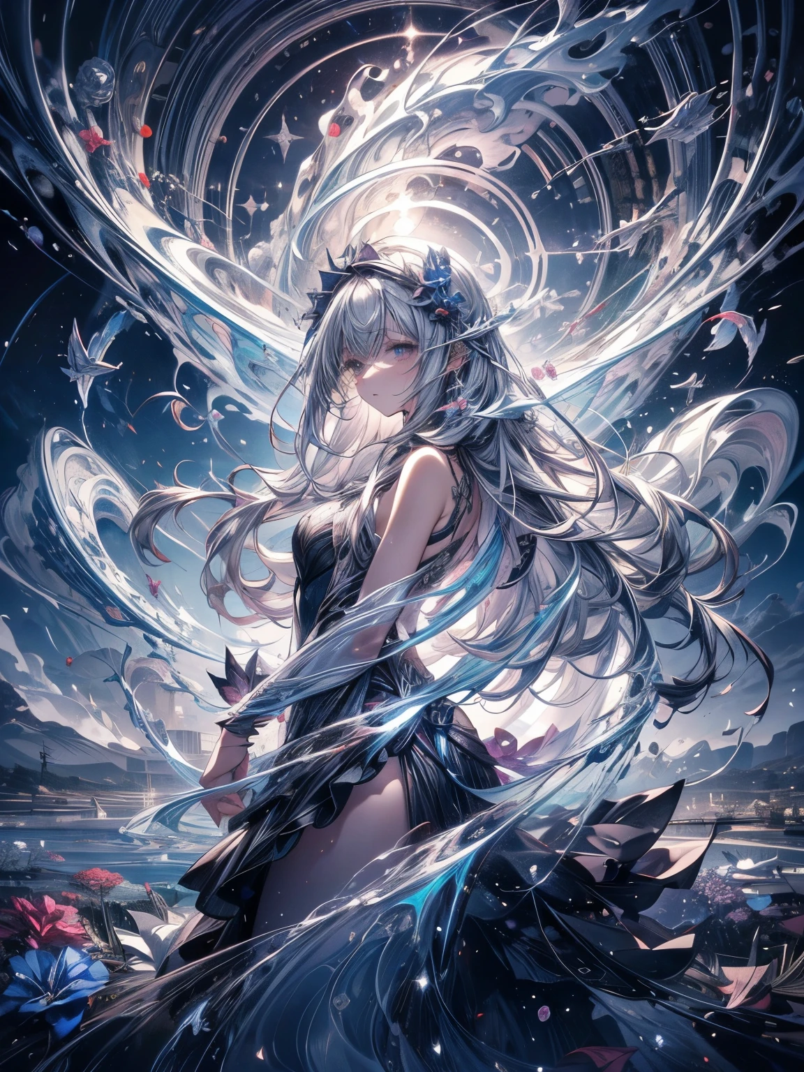 Break, waves,  1 girl, No.18,   Extremely long hair  ,  Silver Slit Dress, 
Flowers Bloom ,  galaxy,  Spiral Nebula , birds,   Like a Dream ,
 is the best quality, masterpiece,  ultra-high resolution , illustration, Deep Shadows, edge light, 