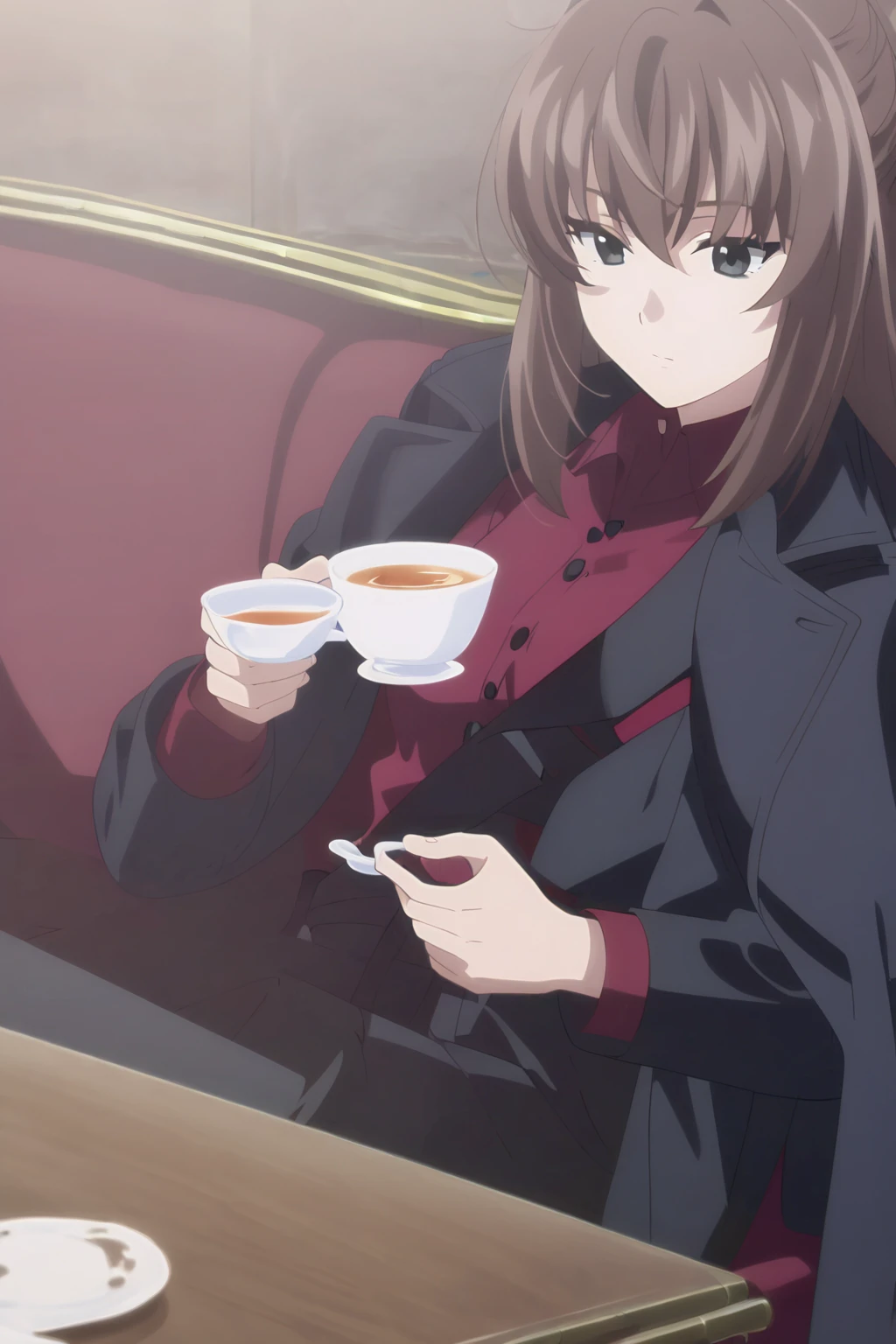 Anime style, anime screensnap
1boy,  brown hair,  medium length hair,  Sloppy hairstyle ,  Shoulder-length hair,  Black eyes ,  red shirt, black jacket, black trousers, black shoulder coat. Sits on the couch. tea in a transparent cup, table, red sofa
Top view