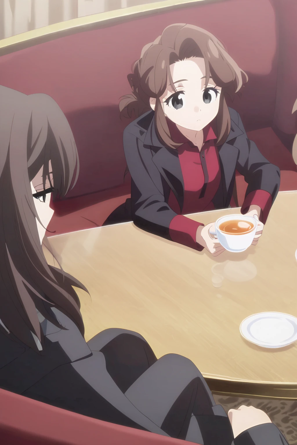 Anime style, anime screensnap
1boy,  brown hair,  medium length hair,  Sloppy hairstyle ,  Shoulder-length hair,  Black eyes ,  red shirt, black jacket, black trousers, black shoulder coat. Sits on the couch. tea in a transparent cup, table, red sofa
Top view