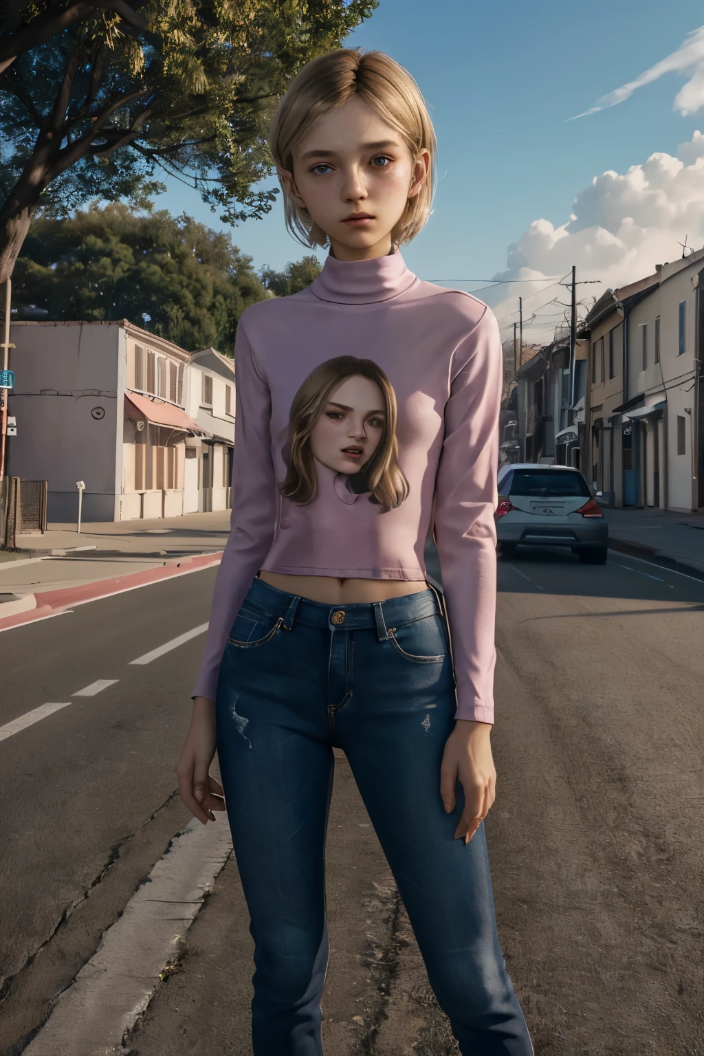 A stunning, intricate full color  ,  girl, wearing pink turtleneck or t-shirt, epic character composition, alessio albi, nina masic, sharp focus, natural lighting, subsurface dispersion, f2, 35mm,full body, medium length straight blonde hair