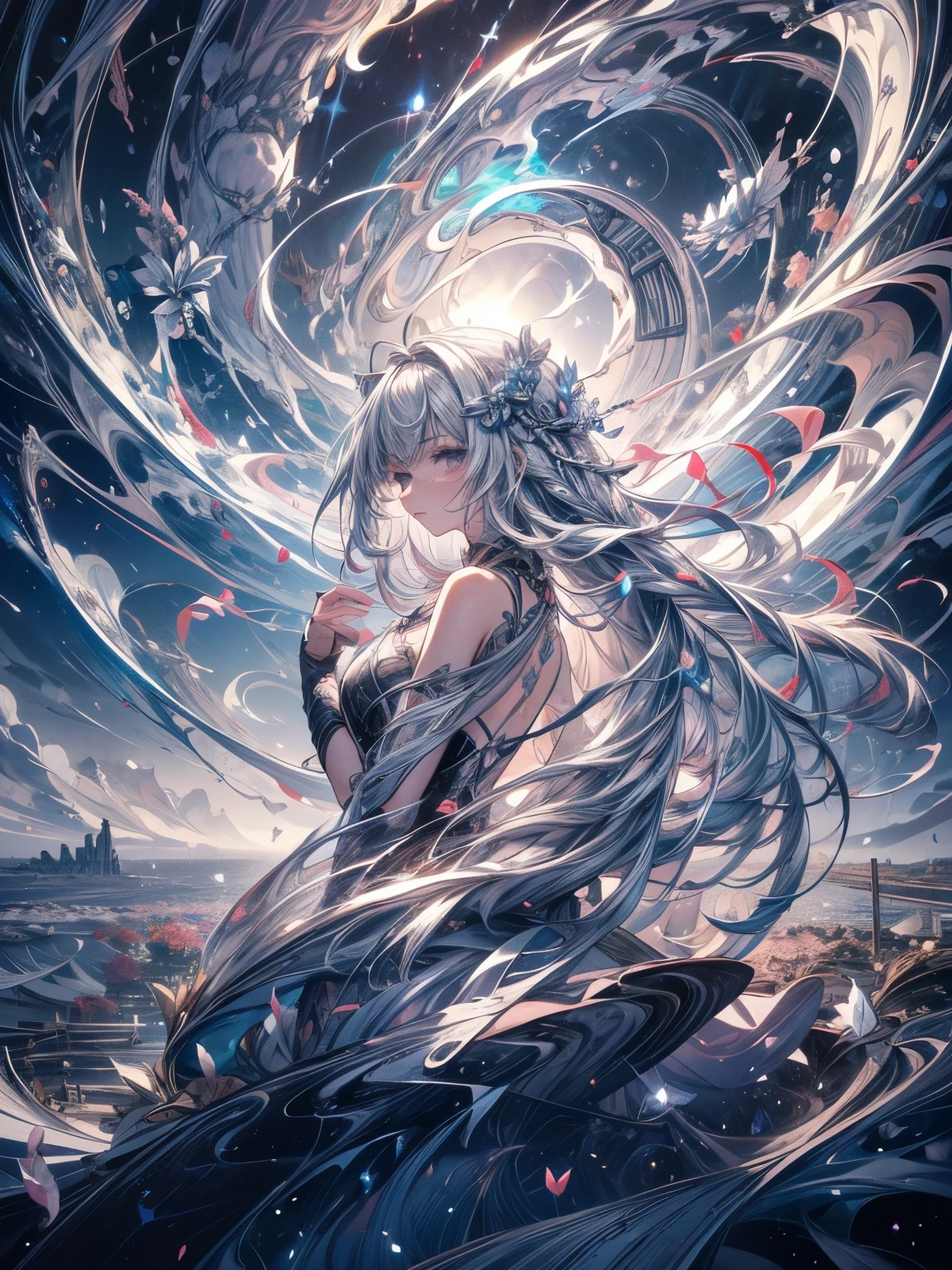 Break, waves,  1 girl, No.18,   Extremely long hair  ,  Silver Slit Dress, 
Flowers Bloom ,  galaxy,  Spiral Nebula , birds,   Like a Dream ,
 is the best quality, masterpiece,  ultra-high resolution , illustration, Deep Shadows, edge light, 