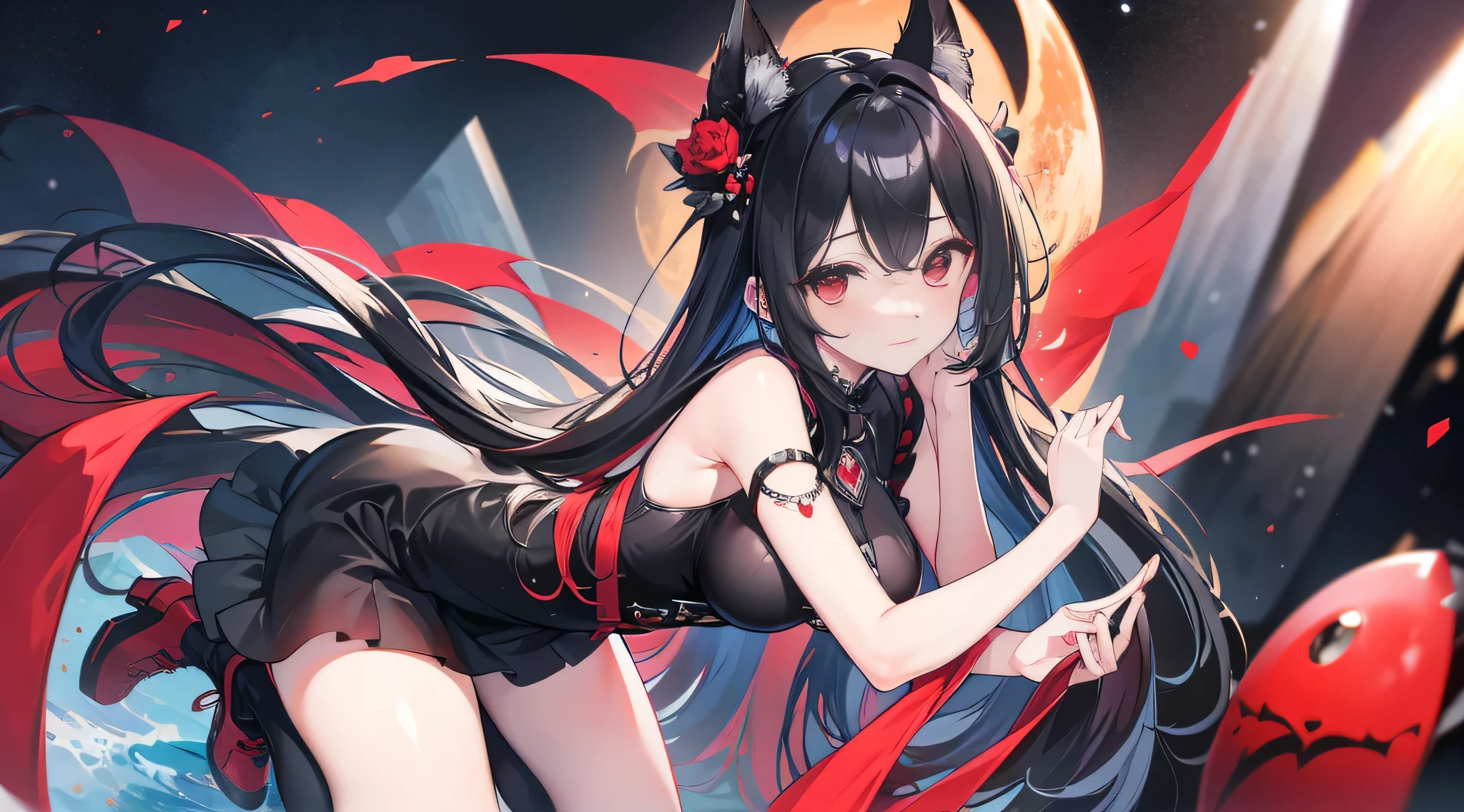 2D Illustration。In the background is a dirty white wall splattered with red blood。Long white hair and fox ears。Black Stockings、A girl with big breasts wearing an off-the-shoulder kimono with red as the main color and black as the secondary color.。profile。Huge cleavage close up。profile。Sitting on the bed、淫らな笑顔と欲情した目で見つめる女の子のprofile。necklace、brooch、hair accessory。Hands lifting chest