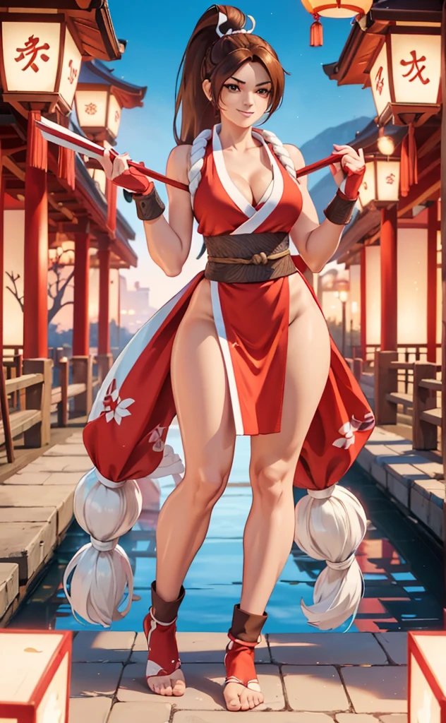 Red dress, Sleeveless, Komono, ((mai shiranui:1.2)), Bare shoulders, Brown hair, Brown eyes, Long high ponytail, hair tie, makeup, 1 persons、25-years old, Japan mature woman, Beautiful Finger, Beautiful long legs, Beautiful body, Beautiful nose, Beautiful character design, Perfect eyes, Perfect face, Jewelry, See-through, Looking at Viewer, Hair Ornament, Choker, Shy, The King of Fighters,
(masutepiece, of the highest quality, Best Quality, Official art, Beautiful and aesthetic: 1.2), Extremely detailed, more detailed,
(Large breasts:1.2,) , Floating skirt,
Cyberpunk Little Tokyo Area, full body photographed:1.2、Knee high long boots with pin heel,Standing up and high kicking