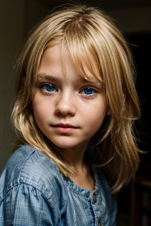 Create a  blonde girl, 5 years ing a white dress, white skin, blonde hair, blue eyes, innocent expression 