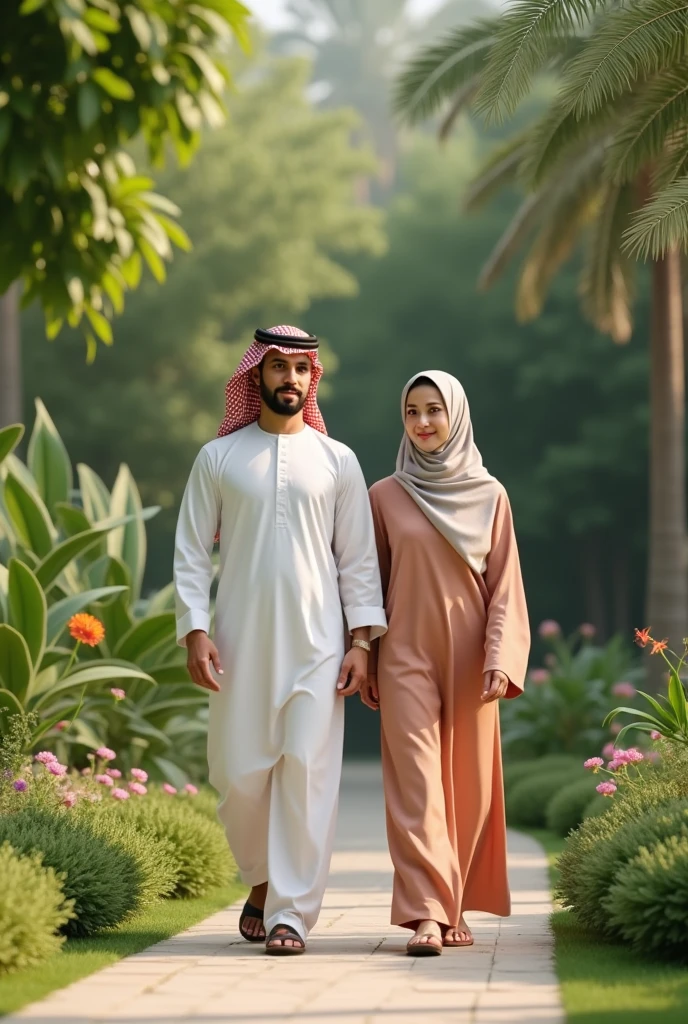 A female doctor, wearing a sky colour shalwar kameej,full sleeve ,a white overcoat of a doctor,a white colour scarf with sky colour design on it ,covering her head, walking with a handsome military man, olive colour uniform,on road of a big city,at night 