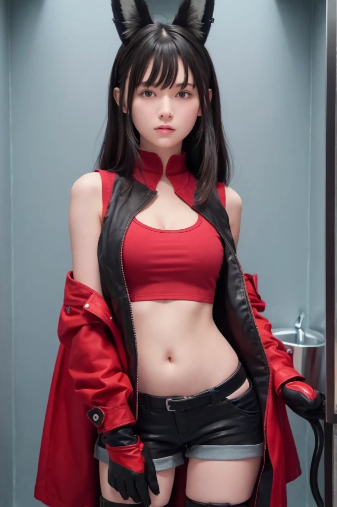 sfw, solo female, black hair, red eyes, ponytail, red shirt, black jacket, fur, jean shorts, navel, evil smile, thighs, short skirt, wearing bra,((skinny waist)), young asian girl, ((big breasted)),