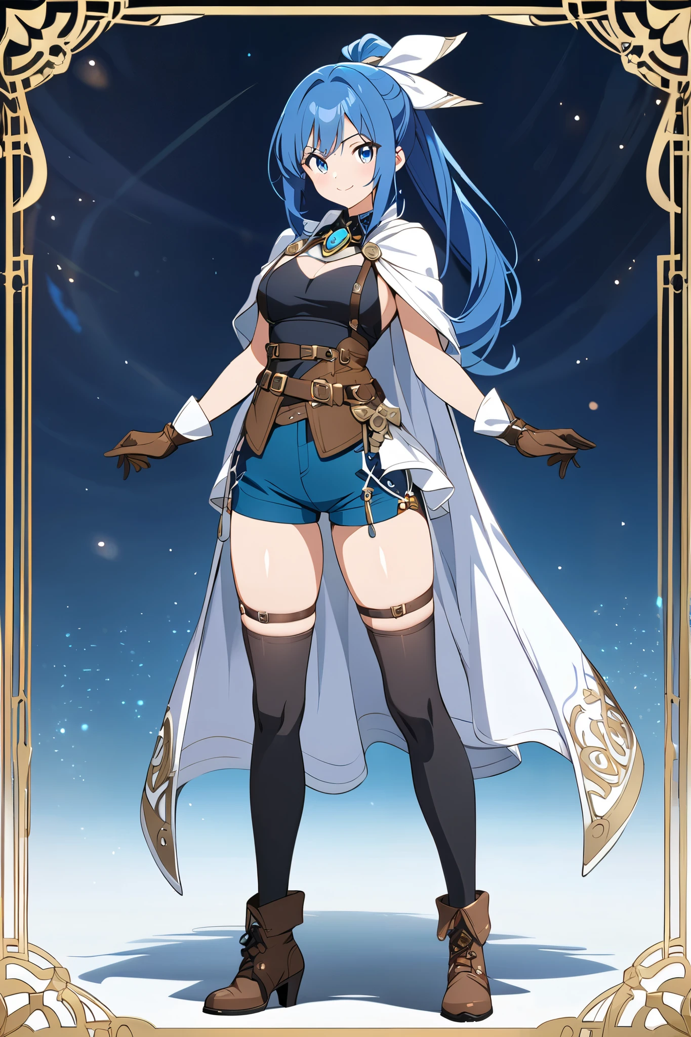 1girl, smile, white big ribbon, deep blue hair, long blue ponytail, hair ribbon, white cape, black tank top, blue shorts, brown belt, brown boots, gloves, confident expression, standing pose, full body, anime art style, detailed design, highres, masterpiece, fantasy outfit, modern adventurer, ornate brooch, white and blue color palette, thigh-high socks, best quality, masterpiece