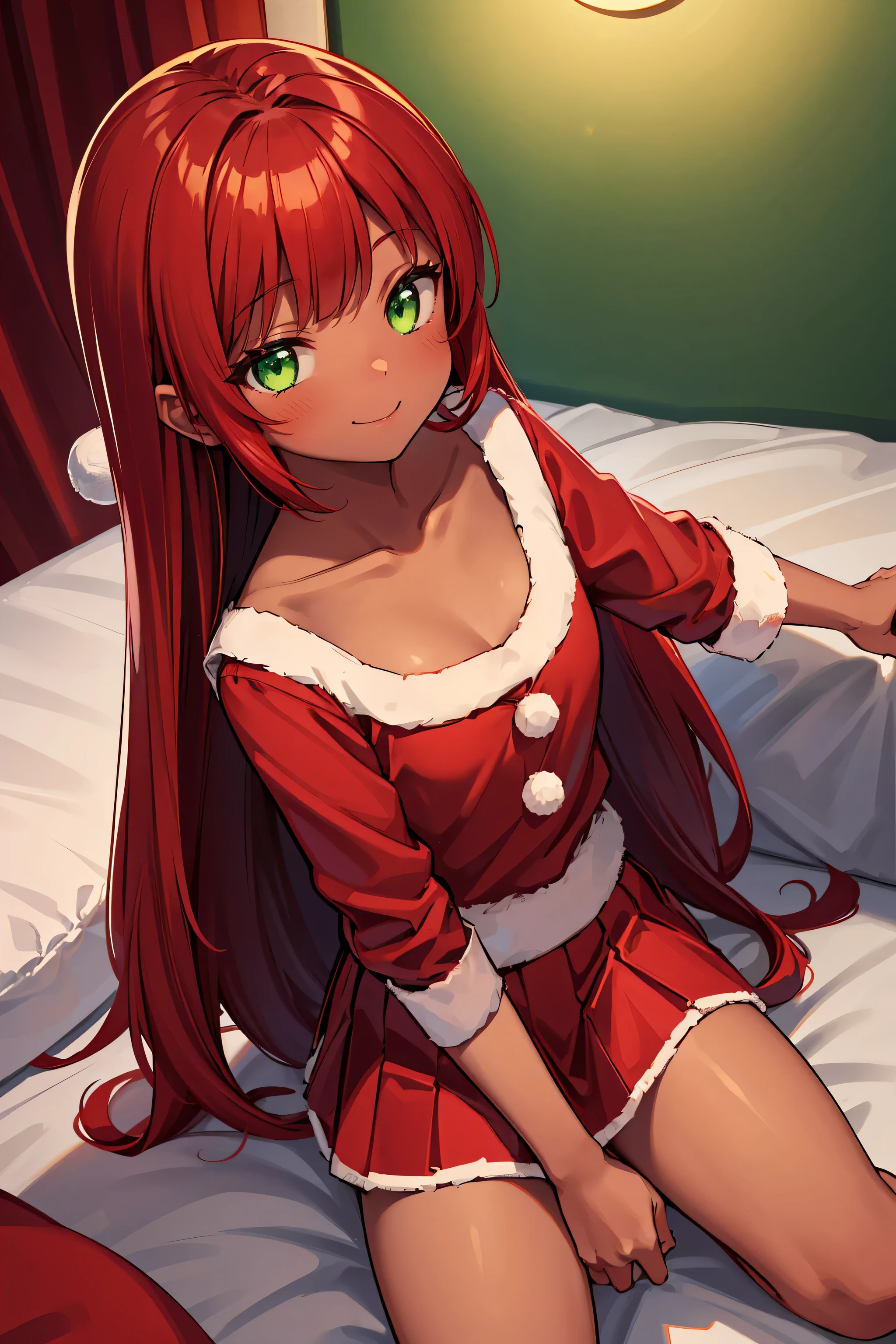 night time, in bedroom, ((weared red color santa clothes, weared red color mini skirt)), dark skin girl, red hair, long hair, bangs, ((green color eyes)), smiling face, flat chest