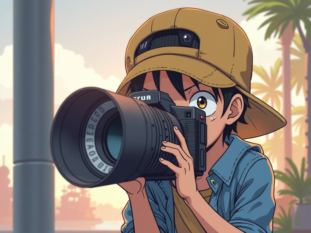 Generate an image in which the boy in the photo is shooting with that camera that appears in the photo an episode of the anime One Piece, in anime style