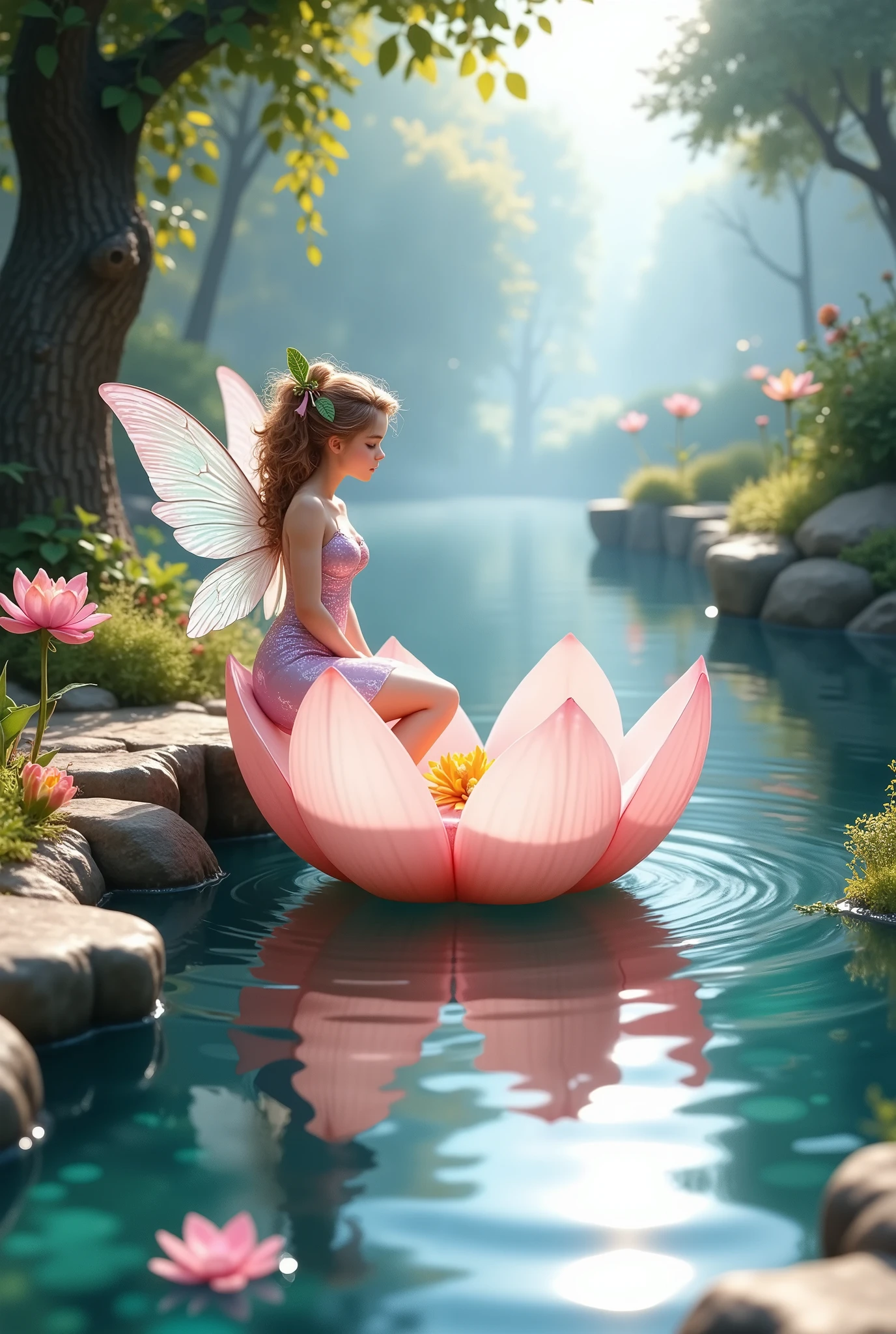 the water surface ,  A petal in the shape of a boat floats on the water quiet atmosphere there is no anxiety in which the house where the little fairy sits is sexy,  perfect anatomy ,  Beautiful and delightful , on the bench Very Detailed , Wonderful,  masterpiece ,  Complex details , bright colors, 16K,  best quality ,