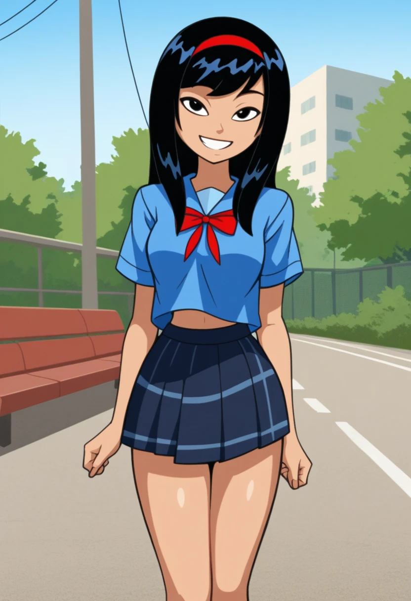 KPYoriGirl, score_9, 1girl, solo, blue shirt, skirt, outdoors, in school, smiling,