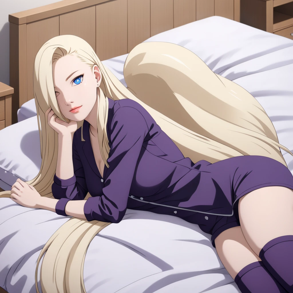 Masterpiece, High Resolution, Anatomically Correct, Best Quality, Super Detailed, Textured Skin, 1girl, Solo, Breasts, Long Hair, Pale Blonde Hair, Ponytail, Blush, Light-Blue Eyes, Tall, Slender, Curvaceous Figures, Lineup, Hair Over One Eye, Unreal Engine, Purple Pajamas, Lay Down on bed, Bedroom, Close Eyes, Sleeeping 