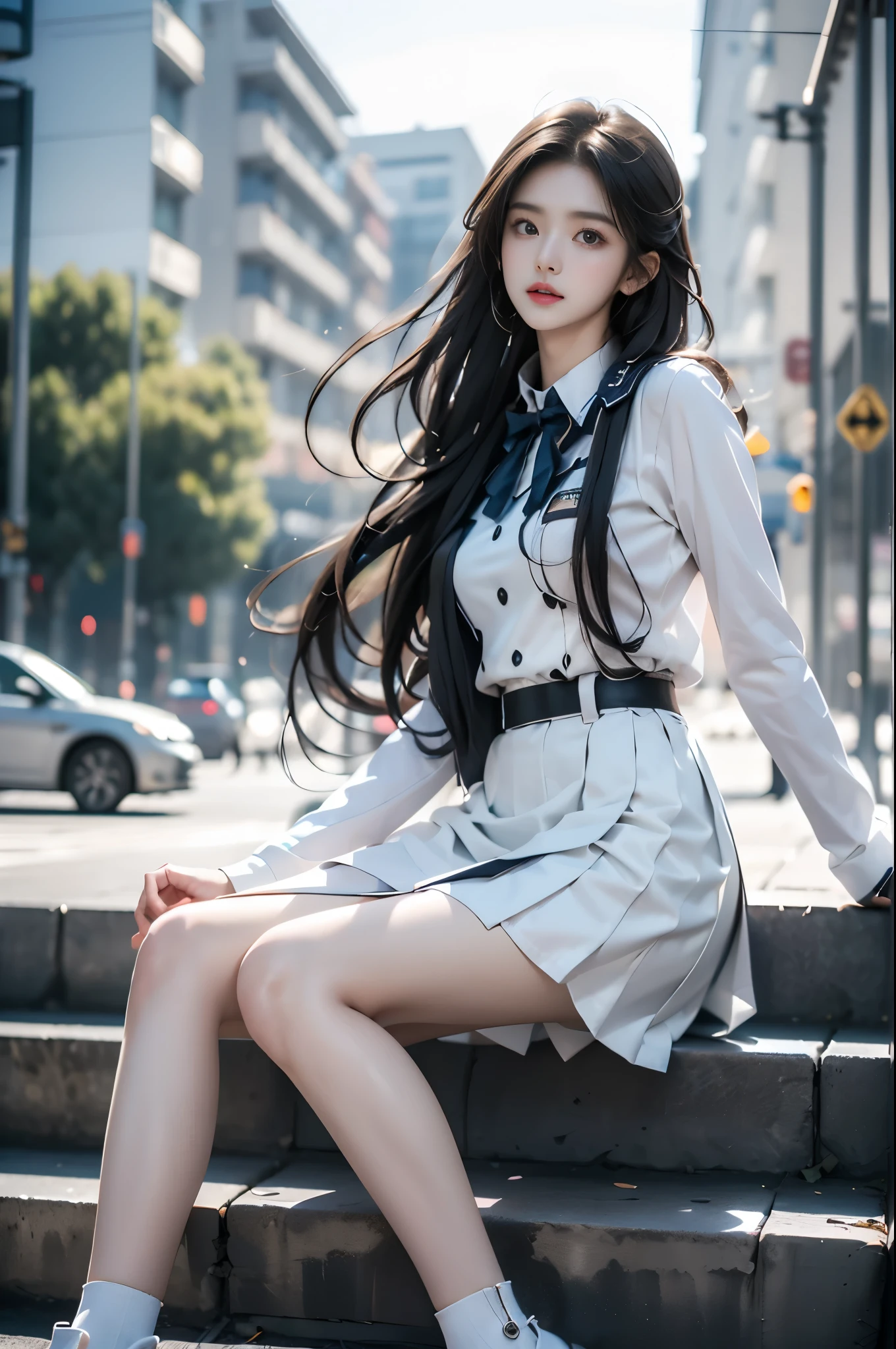 toruzu_bunko_uniform,school uniform,miniskirt,pleated skirt,white skirt, ((full body:1.3)), (from below:1.2), (from side:1.2), masterpiece, best quality, realistic, photorealistic, (professional photography:1.3), 8k, ultra detailed, (beautiful asian woman:1.4), (slim tall fashion model:1.3), (long sexy legs:1.3), perfect body proportions, (sitting on concrete stairs:1.2), urban street background, black silky long hair, young face, natural makeup, outdoor sunny day, soft natural lighting, blue sky, white clouds, shallow depth of field, bokeh, sharp focus on model, (looking at camera:1.2), confident pose, fashion model pose, RAW photo, ultra HD, cinematic lighting