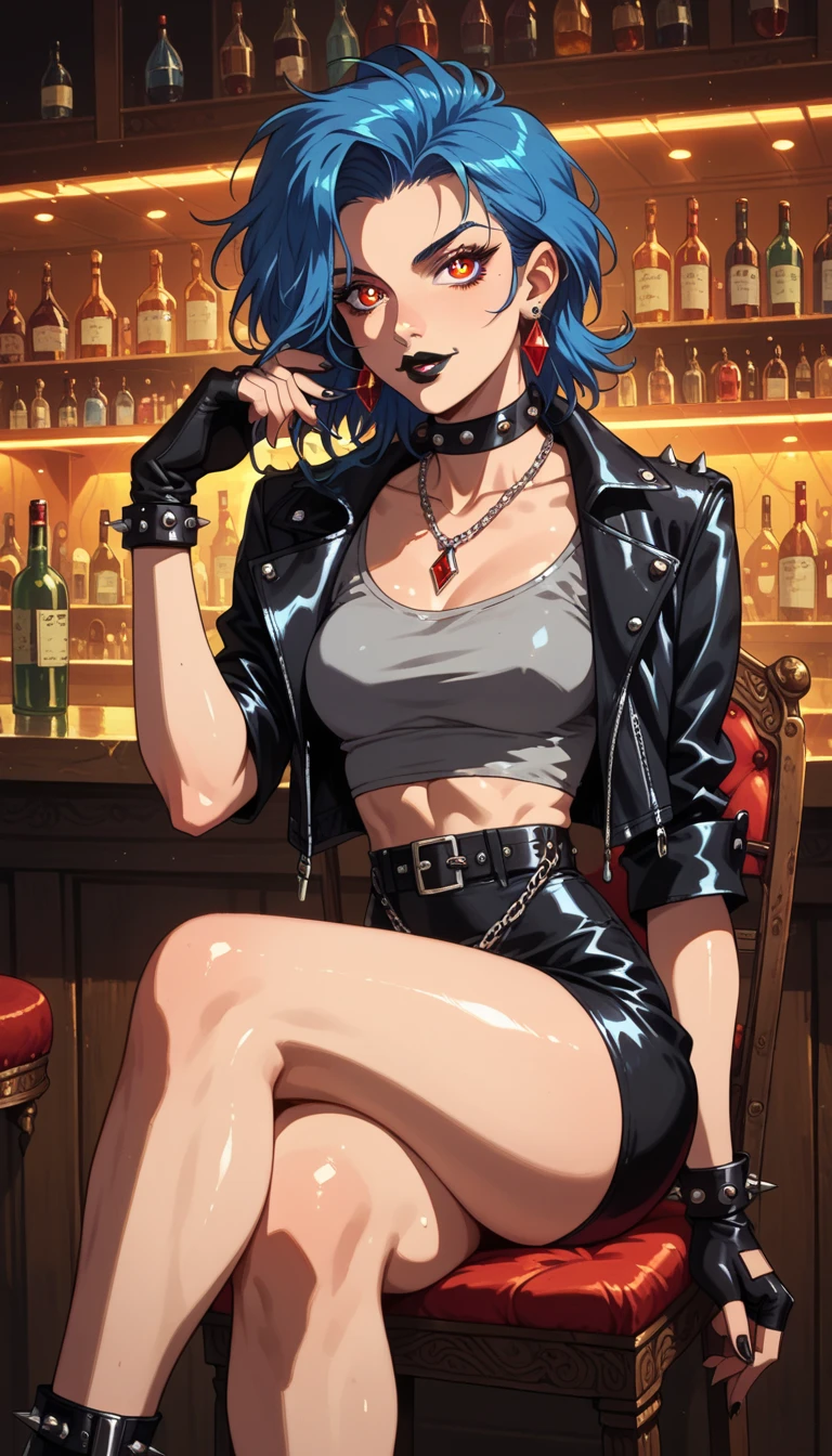  masterpiece ,  La mejor calidad , absurdities, perfect anatomy, 1 girl , Rocker girl , Amber-colored pupil eyes ,  gray top and very short black leather mini skirt,Black Lipstick, exposed thighs, fingerless gloves,  messy gradient blue hair,chain necklace, (1990's \(Style\):0.9), facial detail, sitting,  crossed legs  , chair,shiny skin , in a decadent bar ,  low light 