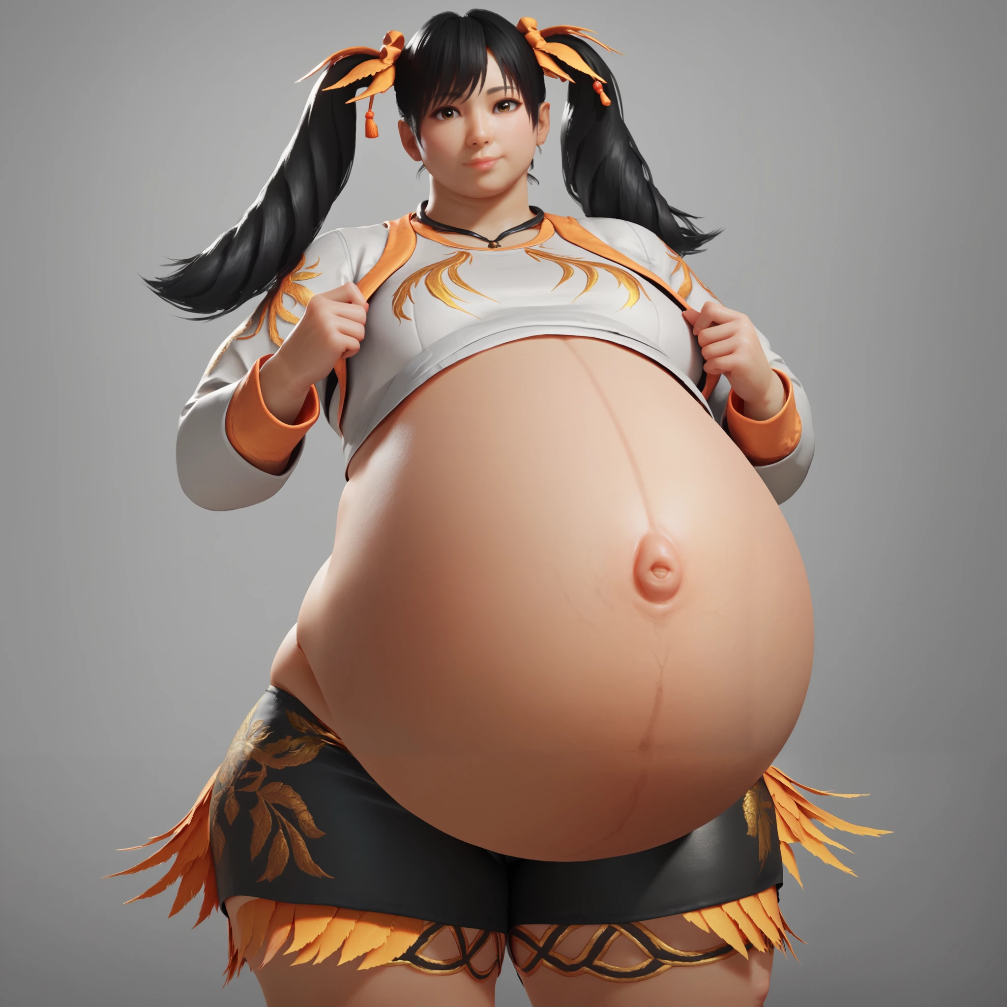 score_9, score_8_up, score_7_up, 
TKXiaoyu, 1girl, twin tails, black hair, brown eyes, looking at viewer,pregnant, biggest pregnant belly, thicc, fat. SSBBW