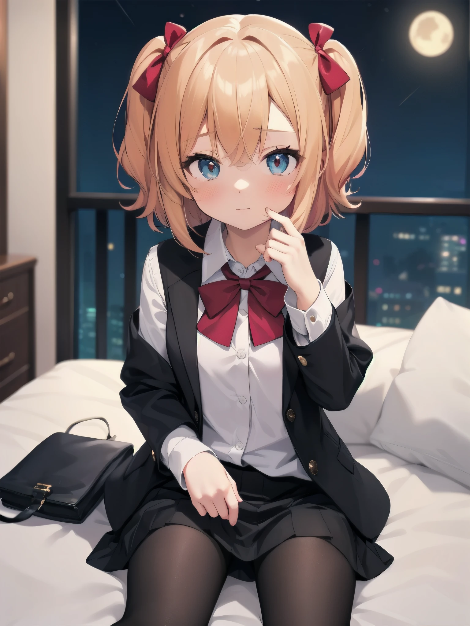 masterpiece, highest quality, High resolution, super detailed, 1 girl、solo、medium hair、braid、colorful hair,one side up,parted bangs,side lock,hair ribbon,Jacket,black Jacket,open Jacket,red bow tie,vest,brown vest,shirt,white shirt,short sleeve,shorter than long sleeve,skirt,black skirt,pantyhose,brown 黒色のpantyhose,Argyle Legwear,indoor,sitting,bed,blush,(embarrassing:1.2),(night:1.4),