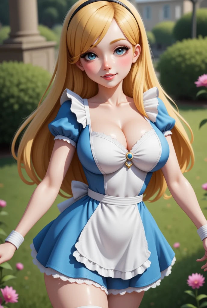 masterpiece, 1girl, solo, make her a sexy Alice in Wonderland with blonde hair, powder blue dress with white apron, white stockings, cleavage, dynamic, ultra high def, 32k, (perfect anatomy:1.5), perfect legs, in the style of Artgerm and Adam Hughes, perfect arms, downblouse