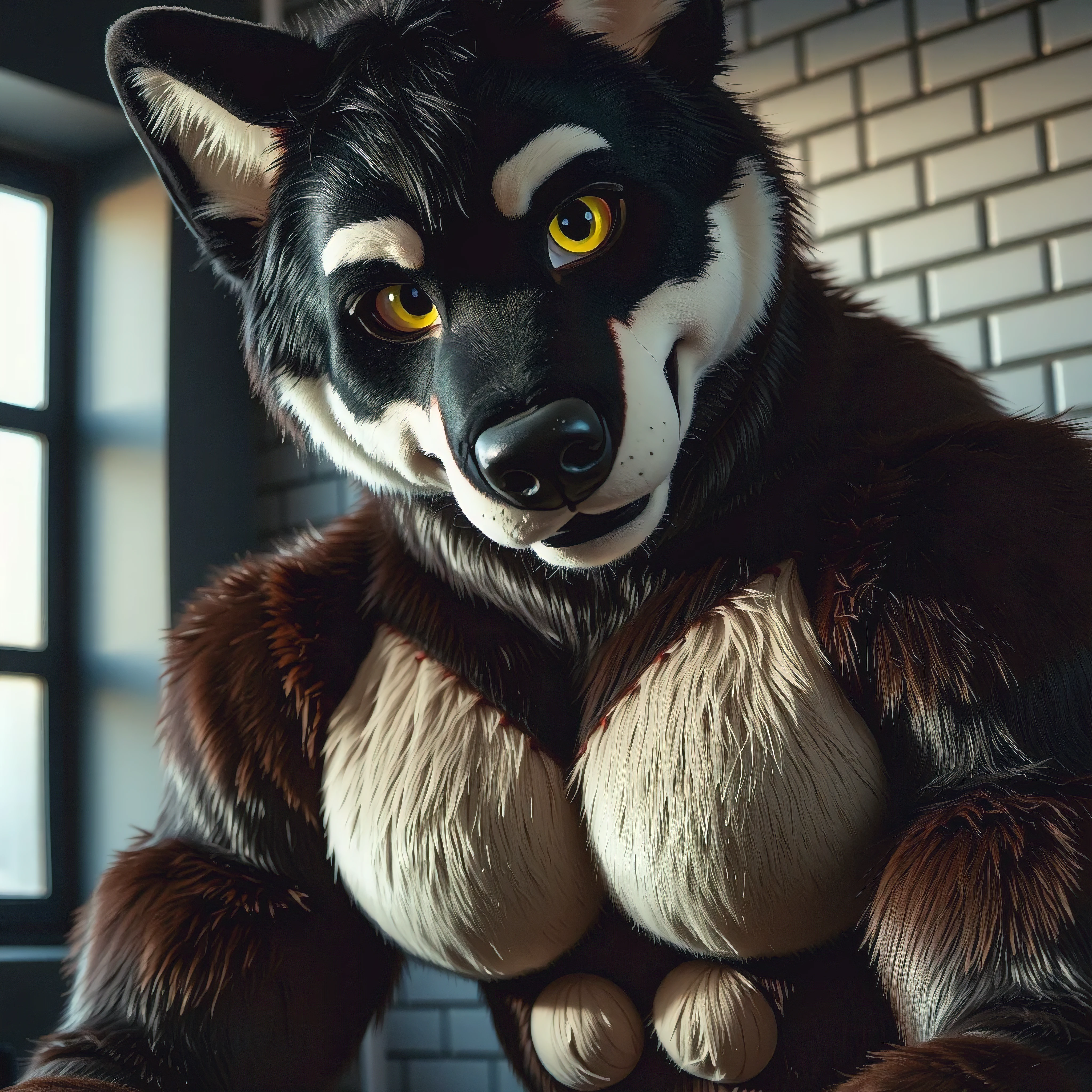 A portrait of Daniel, (terabruno) alone black fur yellow eyes, looking at viewer. muscular male wolf fursuit, 
looking at the viewer. seductive smile. 