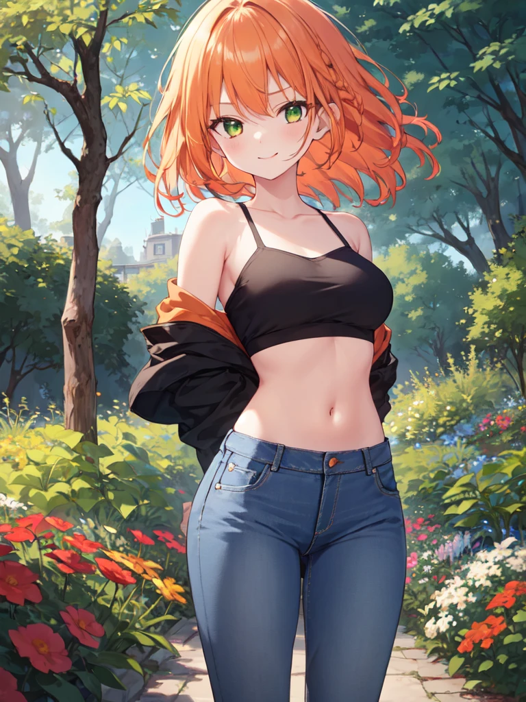 (best quality,4K,high resolution,masterpiece:1.2),Super detailed, Bright colors, 1girl, short orange hair, green eyes, green tank, blue shorts, black shoes with laces, deep cleavage, large breasts, outside, sunny day, realistic, glowing eyes, full body, Rich texture, cute girl, walks