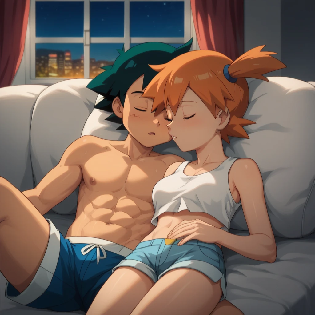 1boy, black hair, short hair, brown eyes, hair between eyes, ash ketchum, men shorts, shirtless, handsome boy, macho, good looking boy, lying relaxing in a bed, in a bedroom 1girl, orange hair, side ponytail, green eyes, misty pokemon, white crop top, shorts, pretty, beautiful girl, lying on top of him, putting her head on his chest, in a sofa photograph of a 1 couple, at night, a window in the background, at sunset, they're showing off their love and affection for each other, they're caressing, sleeping, closed eyes, intimacy, side view, upper bodies