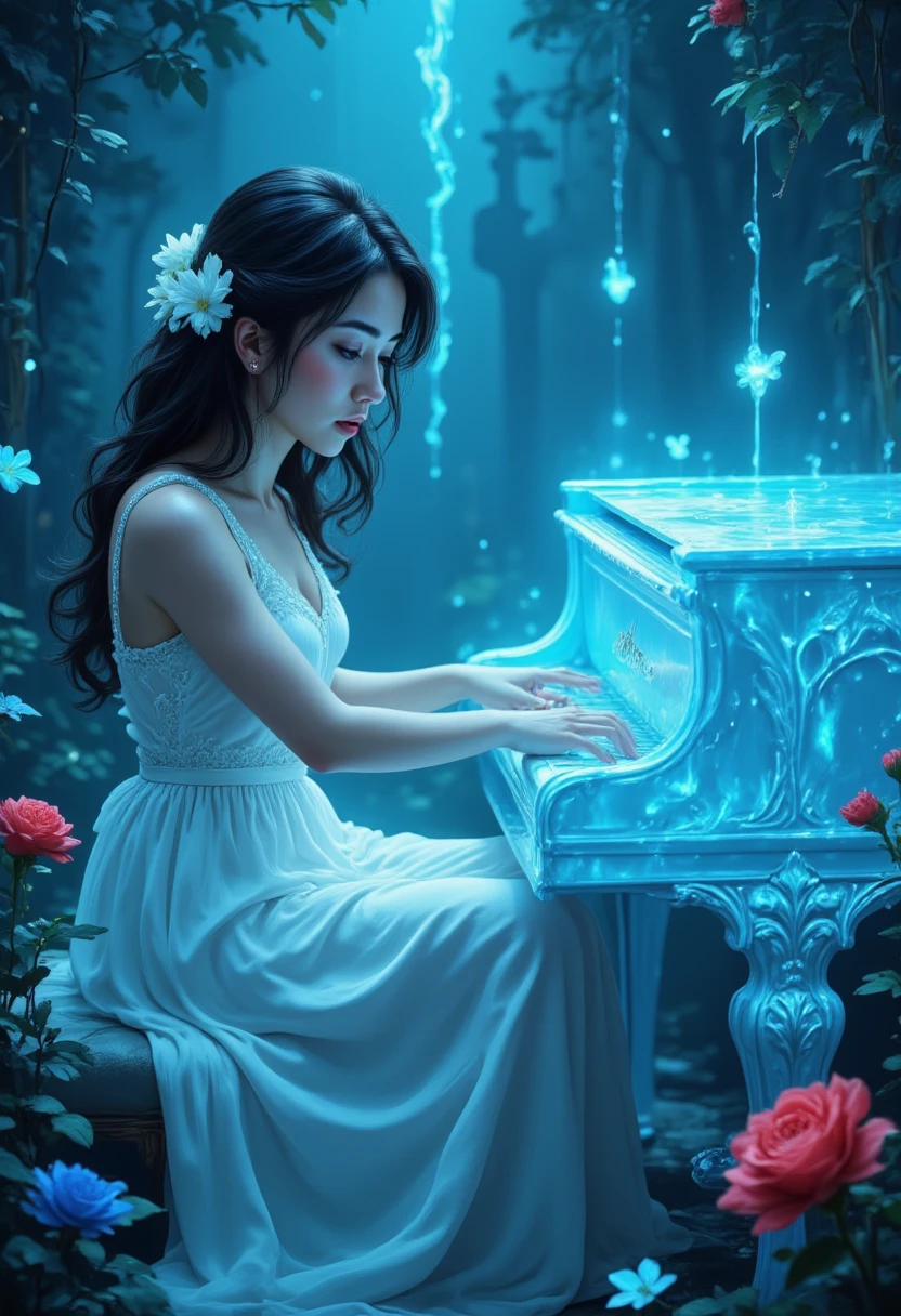 Magic Style,  realism, Illustration,
 This photo shows、 It captures a gentle and graceful scene where young people appear An Asian woman playing a grand piano.  she wears clothes ,   A flowing white gown adorned with delicate lace and intricate embroidery  .   The dress has thin straps and a low-cut neckline  ,   showing a slender figure 、Fair-skinned .  her dark hair、 elegant upstyle  ,  x}  with white flowers on the left side  ,   adding natural beauty to her appearance  .

  The piano she plays adds an exquisite  ,   translucent blue grand piano  ,   The surface shimmers with a crystal-like texture  .   keyboard is black and white  ,   And the legs of the instrument are intricately designed  ,   that is reminiscent of an otherworldly setting It further enhances the ornate appearance  .   The woman's fingers are delicately arranged on the keyboard  ,   shows that she is in the middle of playing  .

 with a weathered face background is a mysterious ,  In an underwater environment, the 、Blue tint ,  Contains . Soft,  Diffuse Light ,  creates a dreamy atmosphere .   The background is abstract  ,  with glowing shapes and plants  ,  unrealistic atmosphere .   Overall of the image The composition is well-balanced and harmonious  ,   It combines the graceful beauty of a woman with the enchanting underwater world  . Red Rose and Blue Rose 