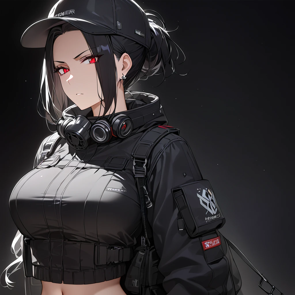 (masterpiece:1.4), (best quality:1.4), (super detailed:1.2), score_9, score_8_up, anime girl with gas mask, black bomber jacket, black studded cap, exposed navel, wide hips, (moderate breasts:1.2), shoulder-length black hair, heavy makeup, glowing red eyes, cross earrings, full body shot, glaring at viewer, (pitch black background:1.4), (complete darkness:1.3), dramatic lighting focus on character