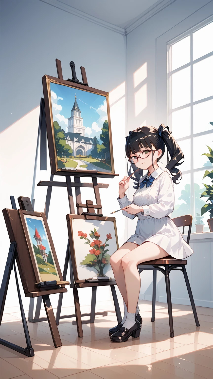 Girl with black hair, pigtails, glasses and easel painting in the park