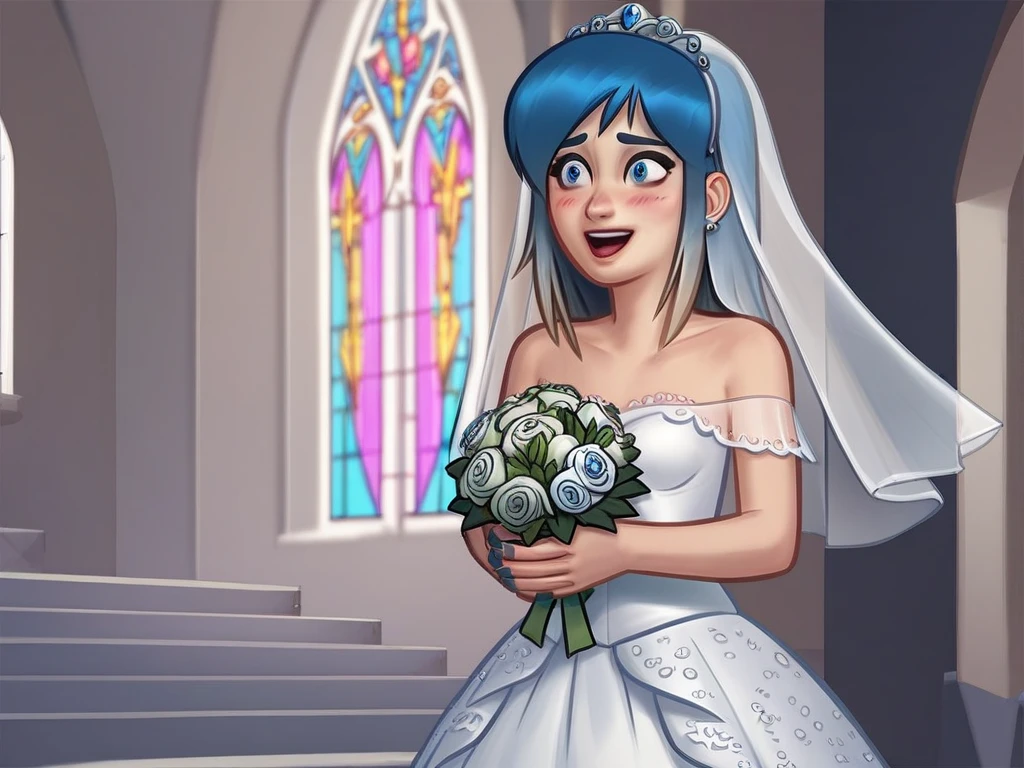 in church，steve, steve is bridal protagonist，1 girl, solo, small breasts, blue eyes, blue nails, solo, nervous, blushing, excited,White lace transparent off-shoulder wedding dress, transparent mini skirt, hands holding wedding bouquet,