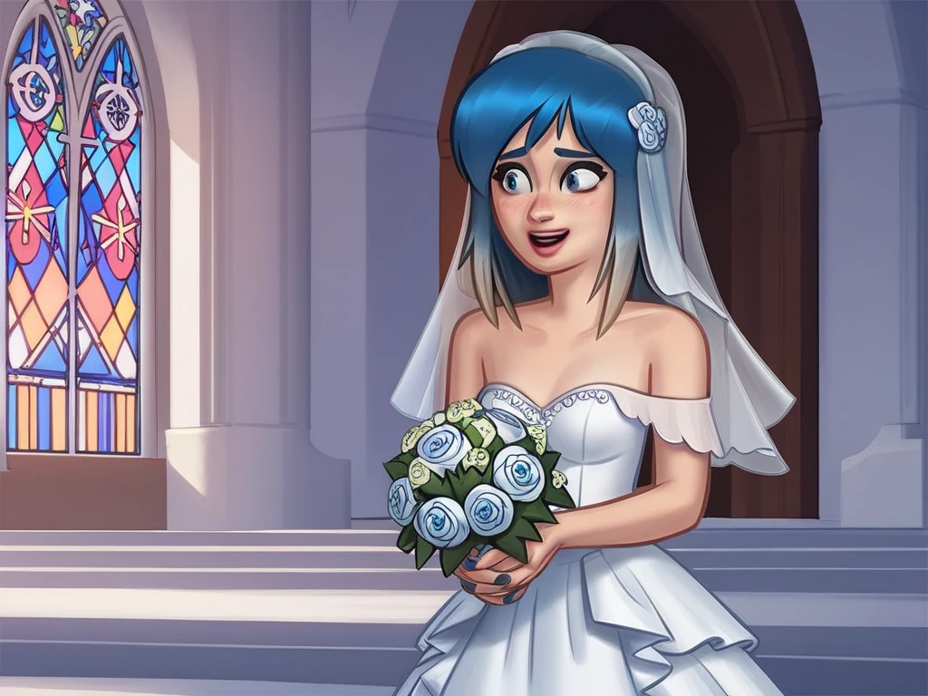 in church，steve, steve is bridal protagonist，1 girl, solo, small breasts, blue eyes, blue nails, solo, nervous, blushing, excited,White lace transparent off-shoulder wedding dress, transparent mini skirt, hands holding wedding bouquet,