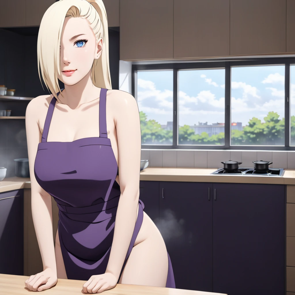 Masterpiece, High Resolution, Anatomically Correct, Best Quality, Super Detailed, Textured Skin, 1girl, Solo, Breasts, Long Hair, Pale Blonde Hair, Ponytail, Blush, Light-Blue Eyes, Tall, Slender, Curvaceous Figures, Lineup, Hair Over One Eye, Unreal Engine, Purple Naked Apron, Cooking, Kitchen 