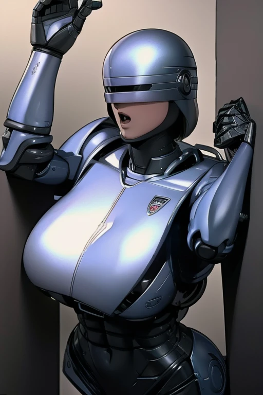 Female RoboCop, beautiful body, big breasts and butt, cornered against a wall, hands raised in surrender, frightened expression