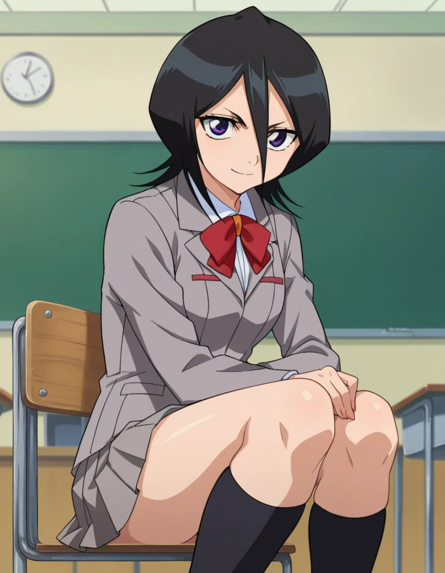 score_9, score_8_up, score_7_up, source_anime, 1 girl,
rukiakuchiki, rukia kuchiki, black hair, hair between eyes, purple eyes, short hair,
skirt, bow, school uniform, jacket, blazer, grey jacket,
indoors, classroom, smile,
looking at viewer, detailed legs, black socks