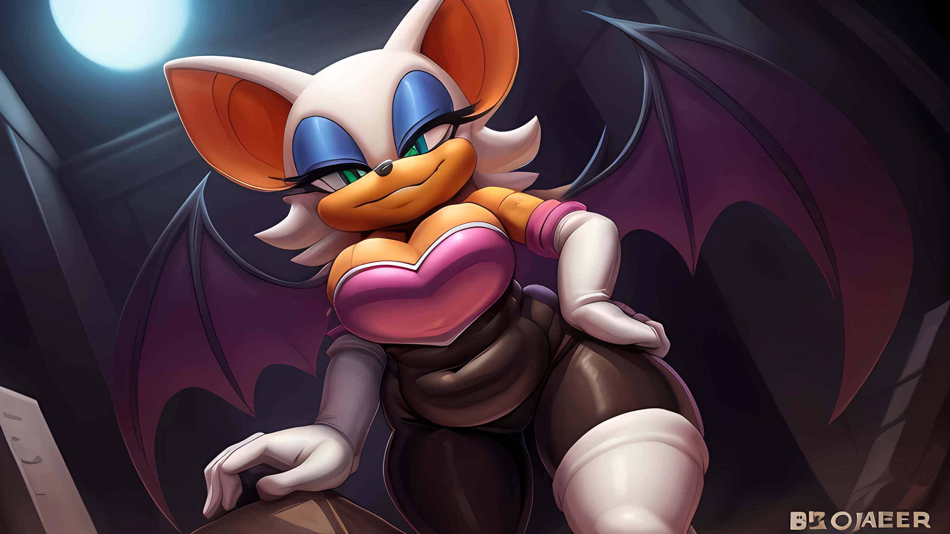 [rouge the bat], [sent to e621.network; (Pixelsketcher), (WamuDraw), (napalm_express)], ((master part)), ((Hard disk)), (( high quality )), ((furry)), ((portrait only)), ((Front view)), (( full body)), ((Detailed Hair)), (( detailed shading )), ((The Shading)), ((beautiful render art)), (( intricate details )), {the second, ( through the white ), (orange skin), black nose,  Bat ears,  beautiful blue shadow ), short tail, (beautiful beautiful legs), (smug smirk)}, {(bodysuit preto de spandex), (pink heart on chest), (white gloves), (white knee-high boots), (talons)}, {(Standing), (Fold), (Looking at the Viewer)}, [Background Story; (museum), (ambient lighting)], (bbw:2.0), (fat body)