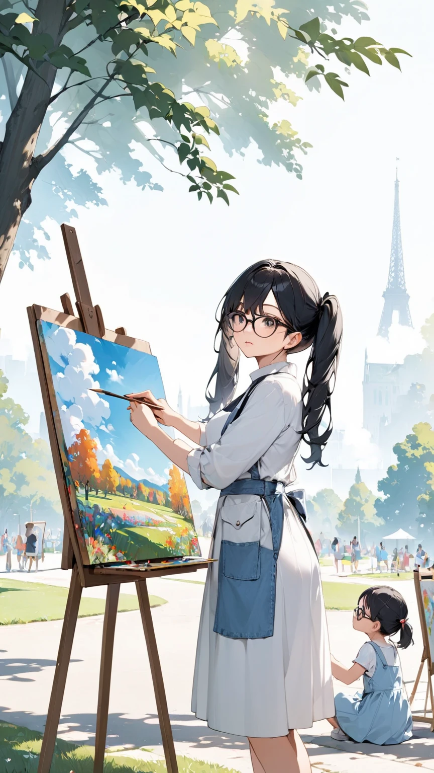 Girl with black hair, pigtails, glasses and easel painting in the park