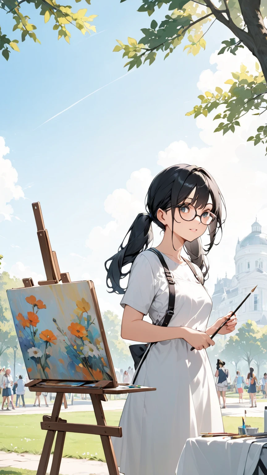 Girl with black hair, pigtails, glasses and easel painting in the park