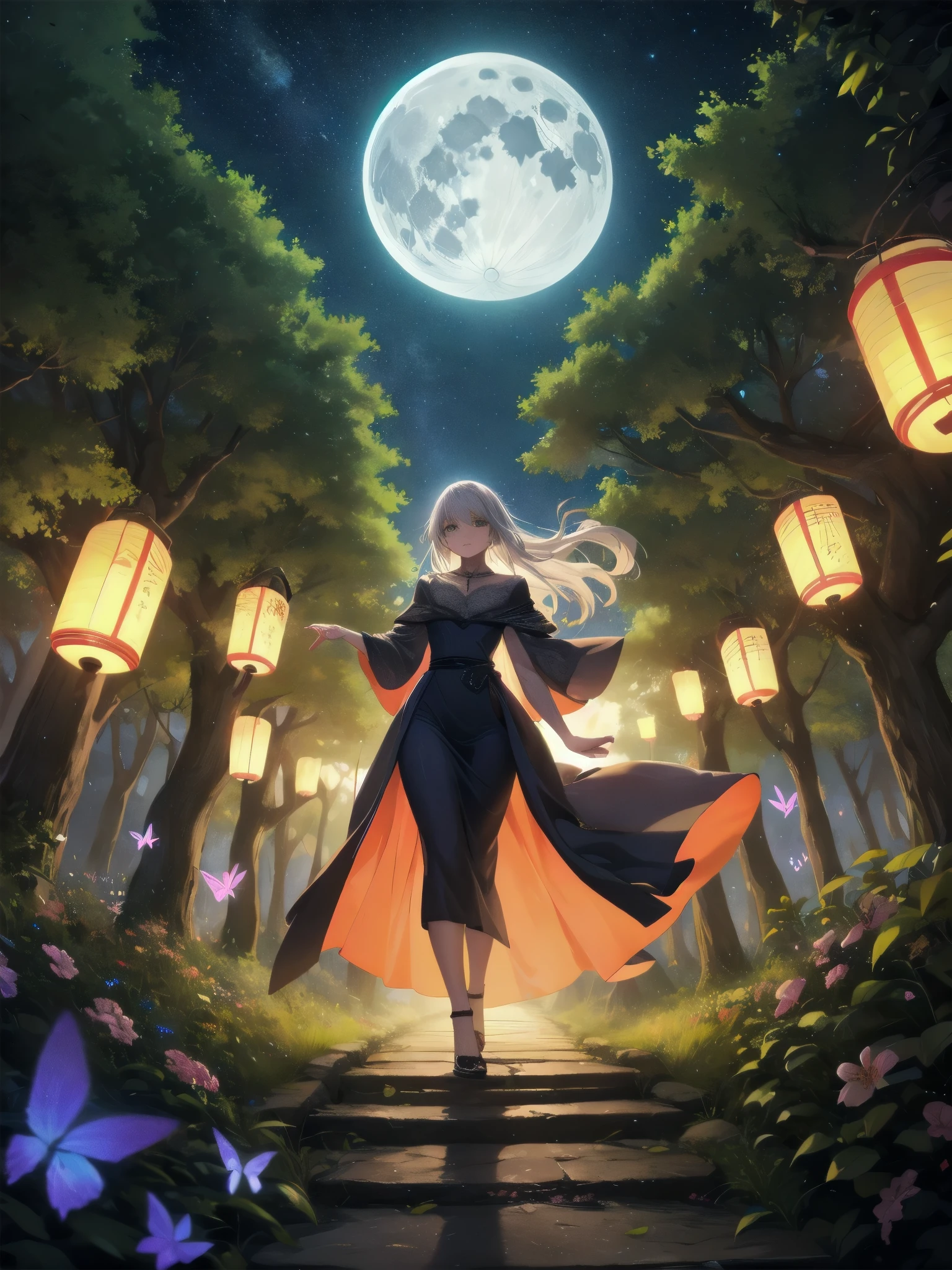 Ultra-high-resolution, magical atmosphere, vibrant colors, dynamic lighting. BREAK Girl with long silver hair, emerald eyes, in gown of leaves and flowers. Standing on giant tree branch over mystical forest with floating lanterns, glowing butterflies. Fantastical night sky with stars, large moon. Wide-angle shot, soft luminescent lighting, dreamy effects