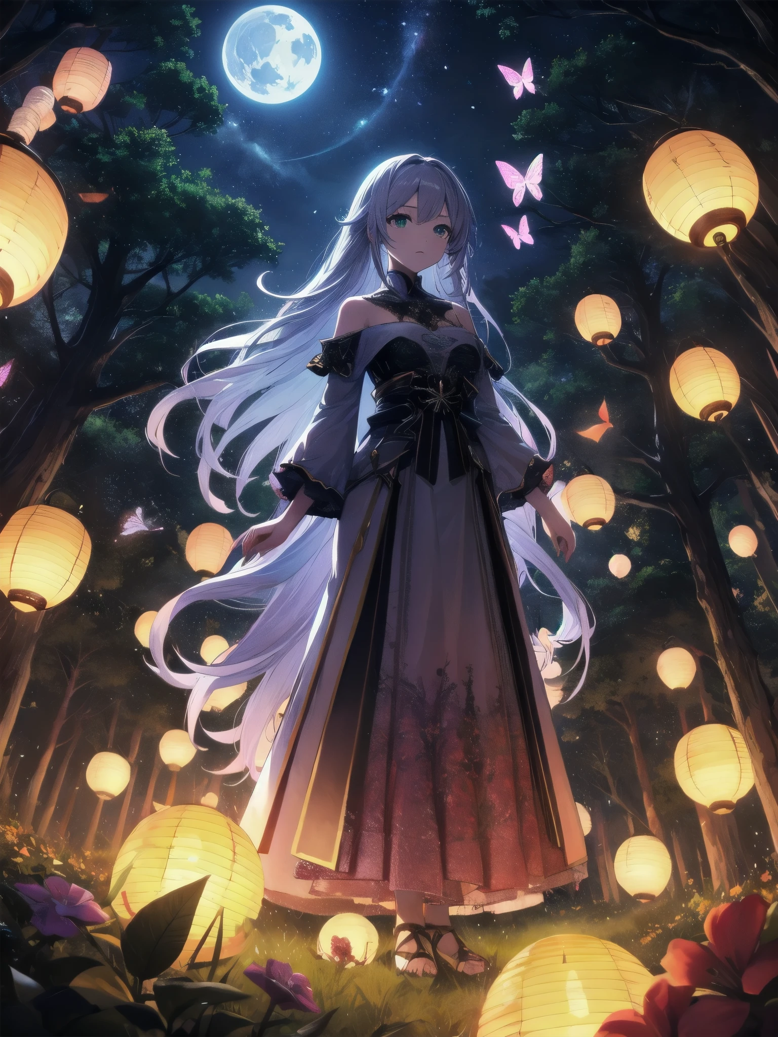 Ultra-high-resolution, magical atmosphere, vibrant colors, dynamic lighting. BREAK Girl with long silver hair, emerald eyes, in gown of leaves and flowers. Standing on giant tree branch over mystical forest with floating lanterns, glowing butterflies. Fantastical night sky with stars, large moon. Wide-angle shot, soft luminescent lighting, dreamy effects