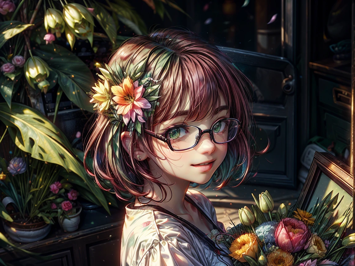 score_9, score_8_up, score_7_up, (realistic:0.6), cute, 1girl, lying on grass,
brunette hair, side ponytail hair,
green eyes,
petite body, small perky breasts,
(smile:0.40), (seducive look:0.7), 
white dirndl, glasses, 
flowers, leafs, petals, flowers crown,
shadows, hard shadow, thick outlines, flat background, abstract background, intricate background, bright colors, high contrast, vivid lighting, bloom, frame,
rating_questionable