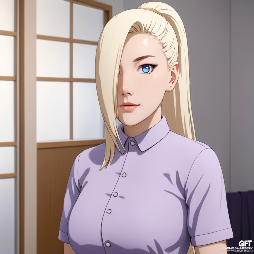 Masterpiece, High Resolution, Anatomically Correct, Best Quality, Super Detailed, Textured Skin, 1girl, Solo, Breasts, Long Hair, Pale Blonde Hair, Ponytail, Blush, Light-Blue Eyes, Tall, Slender, Curvaceous Figures, Lineup, Hair Over One Eye, Unreal Engine, Purple Outfit consisting of a high-collared blouse and matching apron skirt, Serious