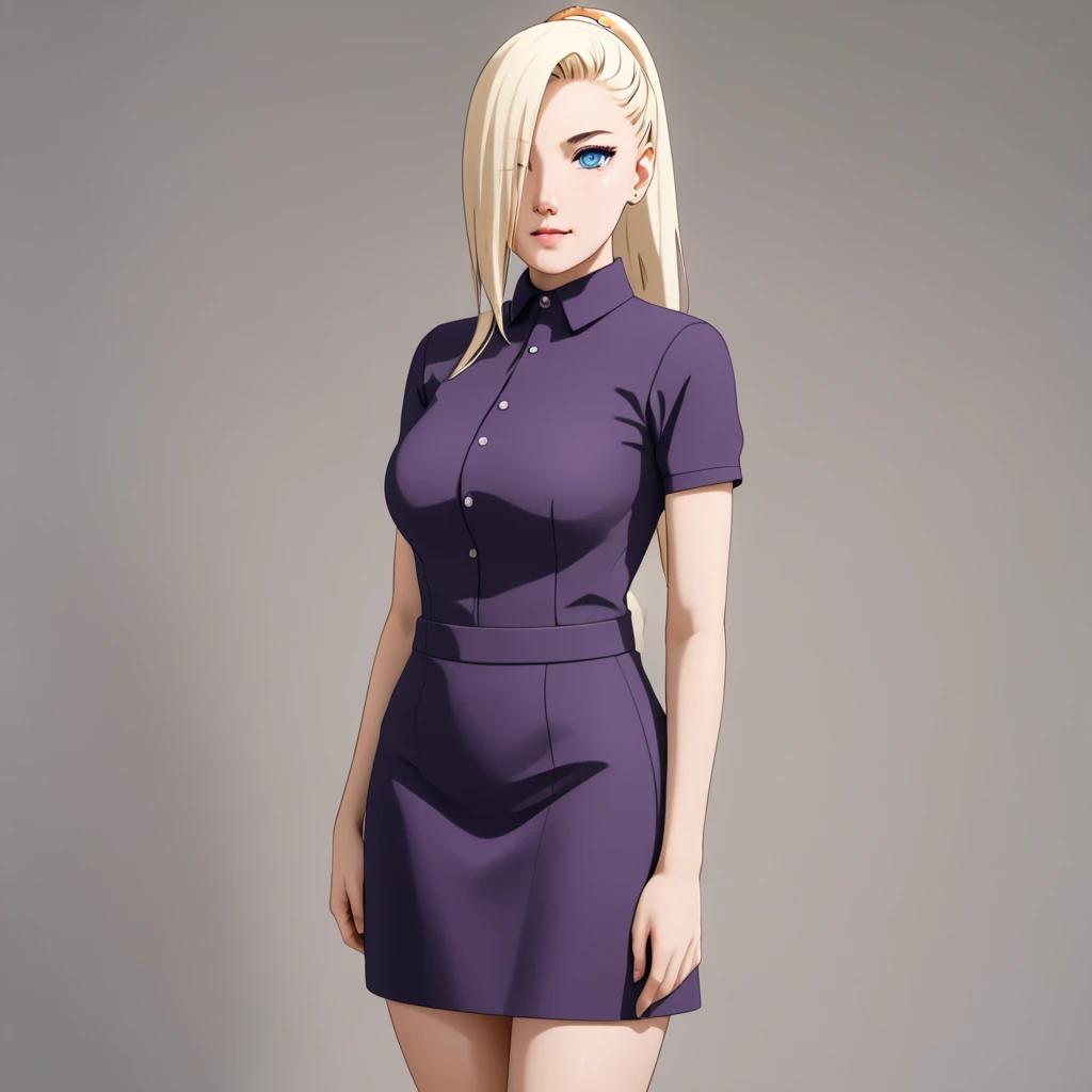 Masterpiece, High Resolution, Anatomically Correct, Best Quality, Super Detailed, Textured Skin, 1girl, Solo, Breasts, Long Hair, Pale Blonde Hair, Ponytail, Blush, Light-Blue Eyes, Tall, Slender, Curvaceous Figures, Lineup, Hair Over One Eye, Unreal Engine, Purple Outfit consisting of a high-collared blouse and matching apron skirt, Serious